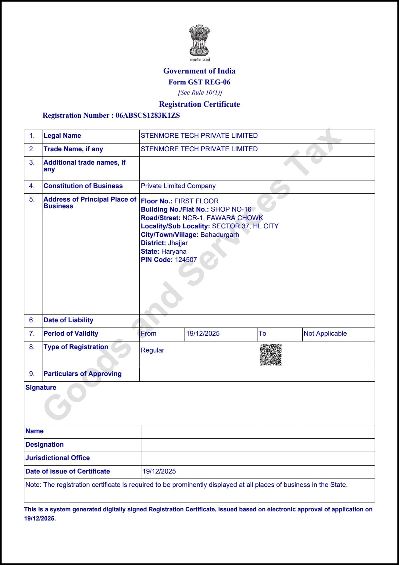 GST Registration certificate for Stenmore Tech