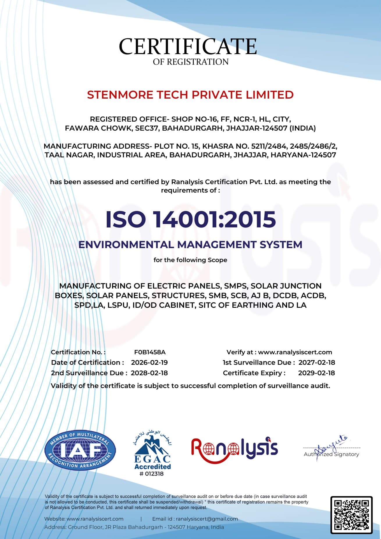 Environmental Management System certificate for Stenmore Tech