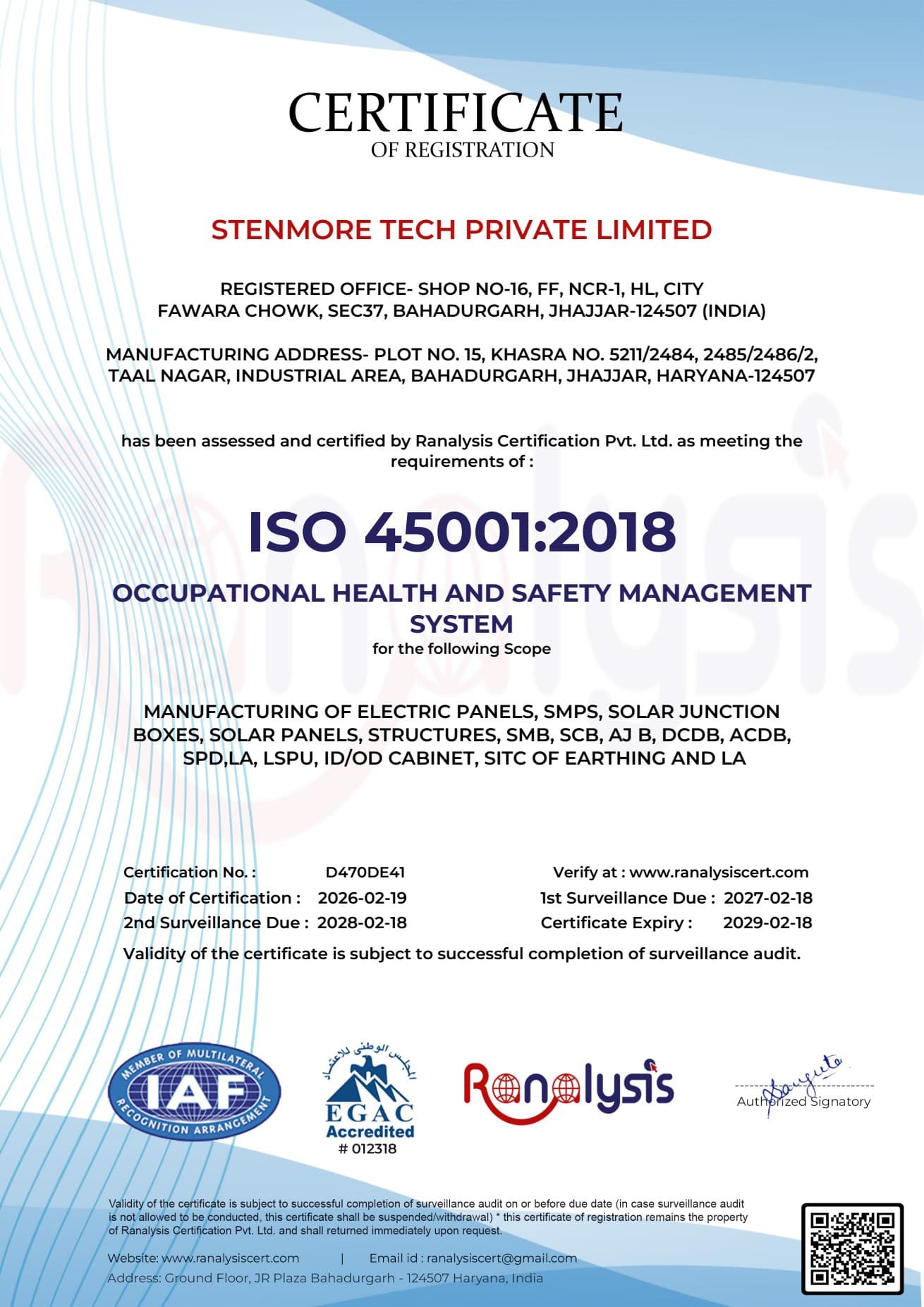 Occupational Health & Safety certificate for Stenmore Tech
