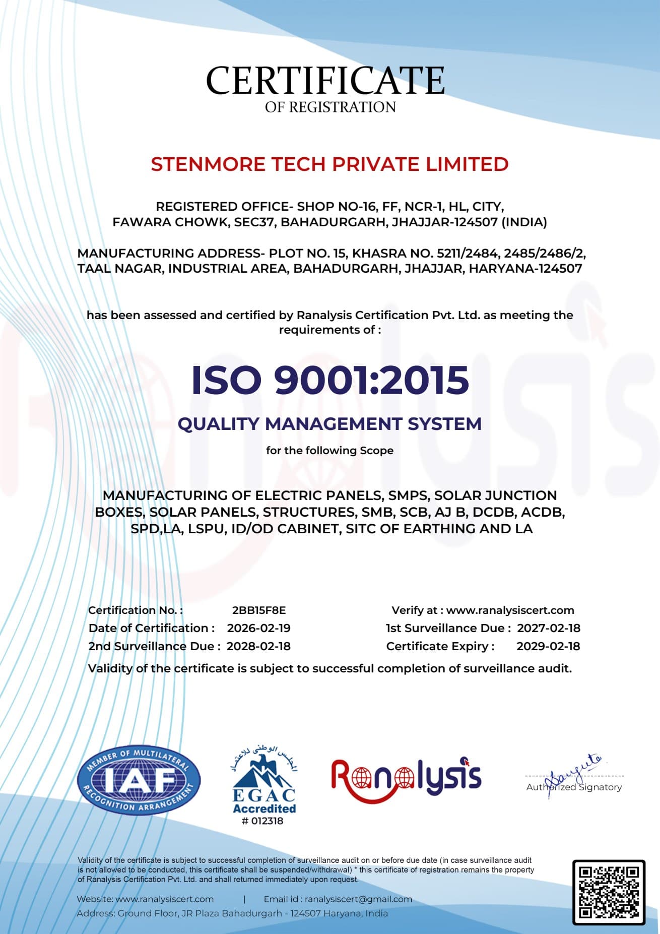 Quality Management System certificate for Stenmore Tech